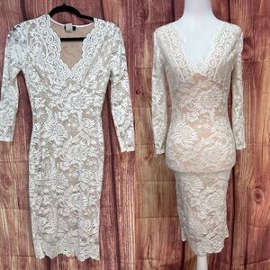 Kimcine off white nude lined 3/4 sleeve V-neck fitted stretch dress women’s S